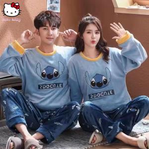 Cartoon 2Pcs Disney Couple Pajamas Set Mens/womens Stitch Womens Casual Pajama Winter Plush Crew Neck Coral Fleece Casual New