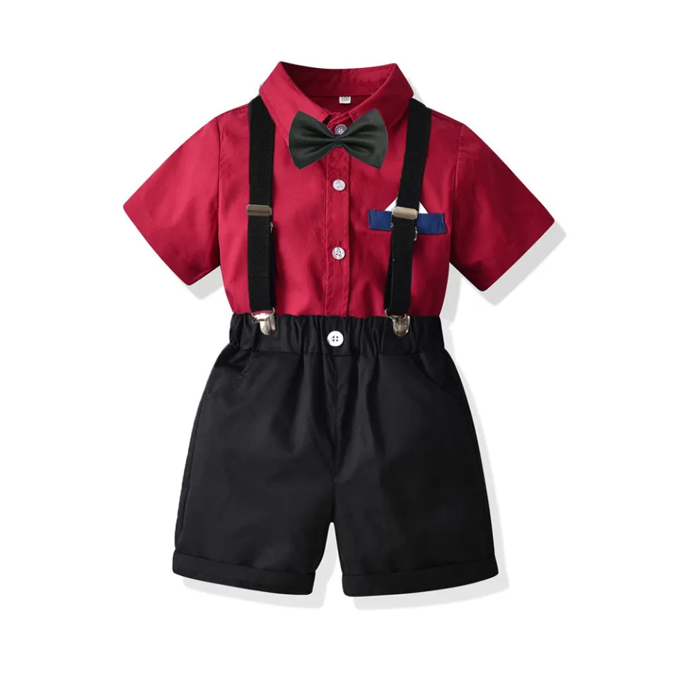 2023 Summer Kids Boy Red Red Shirt Strap Shorts Set Birthday Party