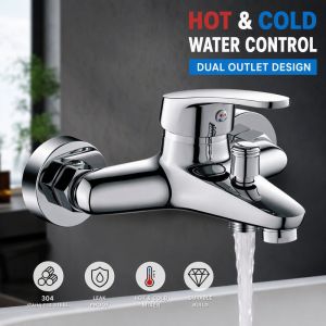 Faucet Mixer Valve Stainless Steel 304 Dual Outlet Wall Mount Hot Cold Water Leak Resistant Bathroom Shower Tap