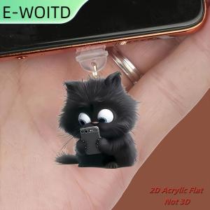 【E-WOITD】 1ชิ้น2D อะคริลิคจี้แบนน่ารักสีดำโทรศัพท์แมวปลั๊กกันฝุ่นพวงกุญแจสำหรับโทรศัพท์ Type-C อินเตอร์เฟซของตกแต่งปลั๊กฝุ่น