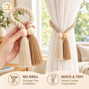 Magnetic Curtain Tieback Set Boho Cotton Rope Wood Bead No Drill Holder Living Room Bedroom Home Decor