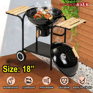 18" Trolley Barbecue Grill Stainless Steel Charcoal BBQ Grilling with 2 Wooden Side Shelfs / Pemanggang Berbeku Beroda