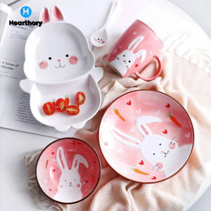 (5pcs/set)Hand-Painted Cute Cartoon Plate/Bowl/Cup Japanese Style Ceramic Dining Set Kids Tableware