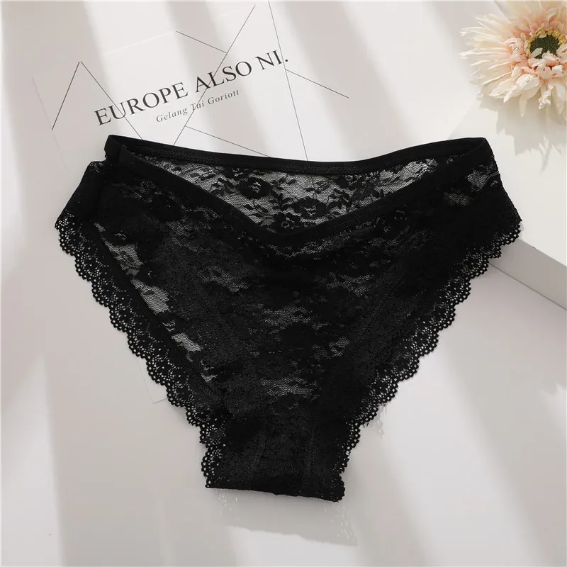 Fashion Sexy Floral Lace Mesh Women's Panties Female Hollow Out Briefs  Transparent Low Rise Underwear Ladies Big Size M_2XL(#Set 12)