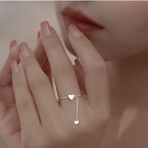 Lovely girls house Silver Color Unique Design Love Heart Hanging Chain Adjustable Ring for Women Elegant Charm Jewellery Gift