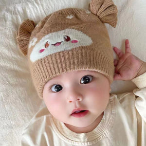 Cute Baby Hat Autumn Winter Pink Double Ear Knitted Beanie Hat Smile Face Infant Bonnet Cap For Kids 0-2yrs
