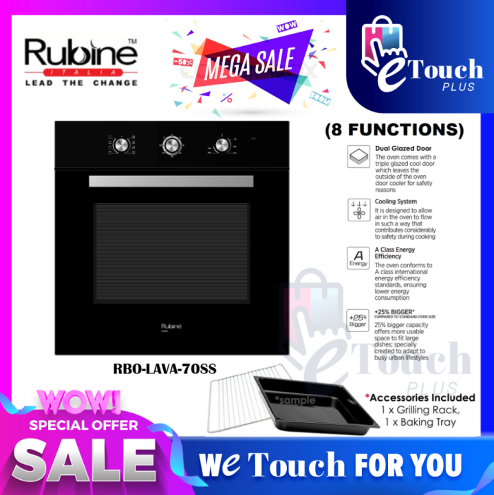 Rubine BuiltIn Oven 8 Cooking Functions with 70 Liter Stainless Steel & Full Glass Oven [ RBO