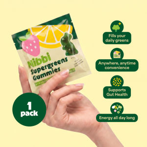 Nibbi Greens Supergreens Gummies 1 Pack | 18 Greens 12 Vitamins 10B Probiotic 4.5g Fiber | Zero Sugar Muslim Friendly