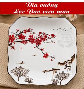 DĨA VUÔNG GỐM SỨ HỌA TIẾT LỘC ĐÀO VIÊN MÃN - 20CM ( CỠ 9)