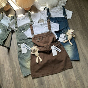 TIENSTYLE - Set Váy Yếm Jean Nâu Nút Hông Áo Balo Trắng Set Yếm Váy Nữ Nắp Túi