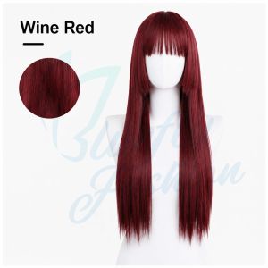 New Fashion Natural Wine Red Long Straight Hair Wig With Bangs And Hair Accessories For Women
