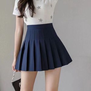 Korean Skirt Fashion Womens High Waist Skirt Slim Pleated Skater Tennis School Skirt Preppy style Solid color anti-exposure belt safety leggings school female students dance dance pleated skirt