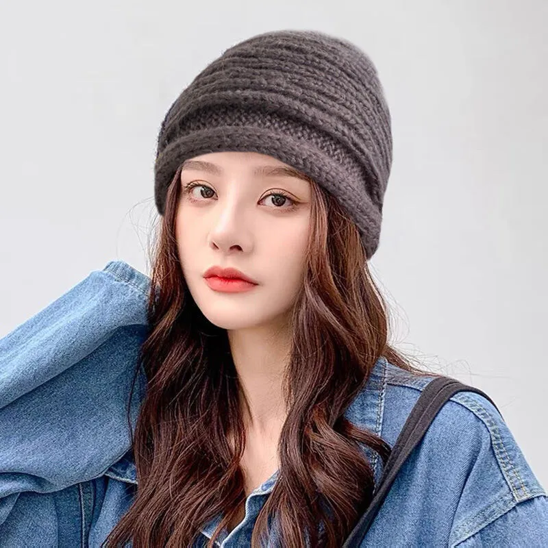 Warm Knitted Hat Hand-knitted Beanie Female Cute Pullover Hat Wool