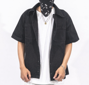 "DENIMITUP" embroidered work denim shirt - Black - Kemeja Denim