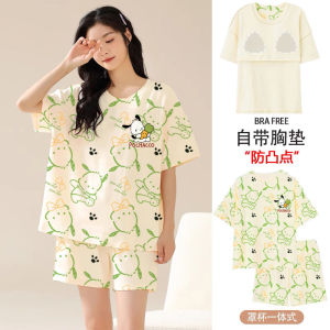 Printed pajamas with chest pads womens summer new large size loose short sleeves fat mm womens loungewear set maternity clothes