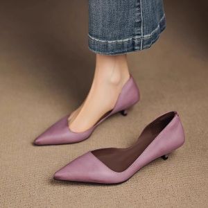 [Free Shipping] Pointed-Toe Mid-Heel All-Season Work And Commuting Shoes 2026 New Style Purple With Side Cutouts Cat-Heel Design Suitable For Spring And Autumn WomenS Shoes