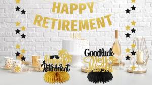 Happy Retirement Party Decorations for Men Women 4Pcs Happy Retirement Gold Glitter Banner Black Gold Retired Hanging Sign Party Supplies Retired Farewell Party Table Centerpieces Kit