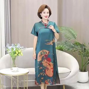 SFancy Improved Cheongsam Dress for Middle-Aged and Elderly Women Retro Style Retro Style Short Sleeve Dress Mom Wear Fashion Long SkirtL728