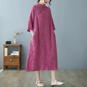 LI Autumn and Winter Chinese Tea Service Improved Cheongsam Cotton and Linen Dress Womens Diagonal Buckle R National Style Zen Womens Clothes Red