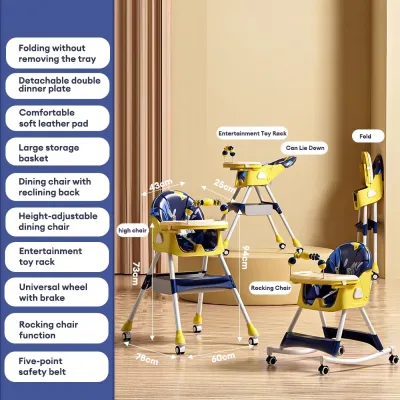 Beige Baby Feeding Chair Foldable Adjustable Height Detachable Legs & Tray with Wheels & Toy Rack Suitable for 6 - 36 M+