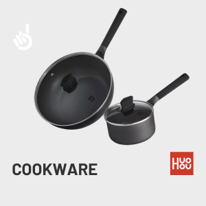 Huohou Non-Stick Cookware Set Youth Ed. Lightweight 5-Ply Base Any Heat Source Glass Lid Easy Clean