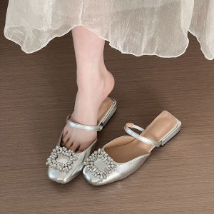 Temperament French Square Toe Rhinestone Womens Wear Summer New Straight Buckle Comfortable Flat Toe Sandals Women