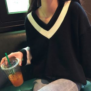 IELGY Long sleeves Sweater Womens sweater Commuting Autumn White All-match V-neck Loose