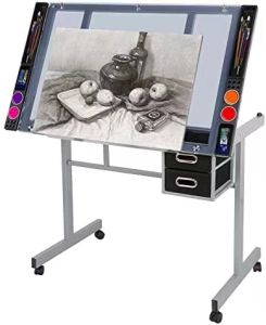 Artist Loft Glass top adjustable drawing table drafting table toughened glass top art and craft table with 2 slide drawers and wheels