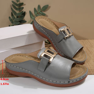 [Free Shipping] Plus-Size Solid-Color Round-Toe 2026 Spring New Metal Chain Casual Slip-On Sandals For Women