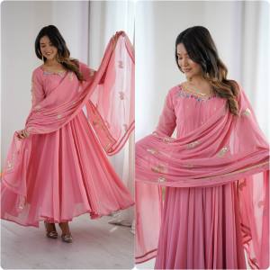 [PRE ORDER : 10 DAYS] Faux Georgette Embroidered Sequence Work Designer Gown with Pant and Dupatta _5363