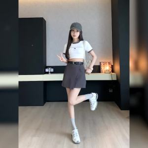 Ammin phong cách Hàn Quốc Thắt lưng thời trang cao eo thanh lịch đi lại Bộ đồ chân váy phụ nữ 2024 mùa hè thường ngày lỏng lẻo A-line đáy quần che nút bất thường váy