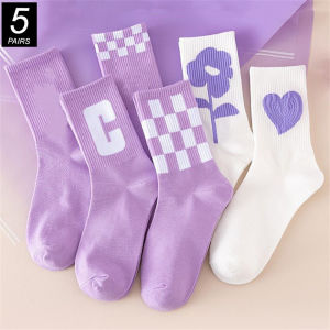 5 Đôi / Gói Mùa Xuân Mùa Thu Bông Polyester Dày Màu Tím / Trắng Tất Nữ Tất Ống Giữa Đàn Hồi Cao Cho Sinh Viên Cô Gái Ngọt Ngào 2026