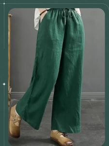 Plus Size Women Cotton Linen Wide Leg Pants Summer High Waist Loose Casual Trousers