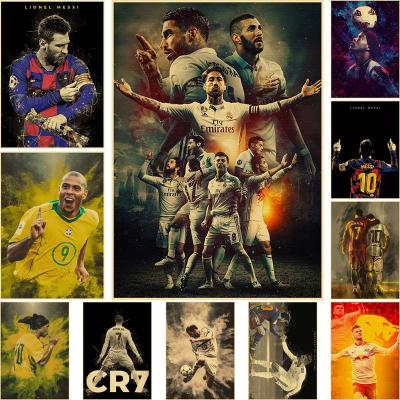 โปสเตอร์รูปดาวแนววินเทจไลโอเนลเมสซีคริสเตียโน่โรนัลโด้โปสเตอร์ย้อนยุคพิมพ์ลายนักฟุตบอลสติกเกอร์ผนังห