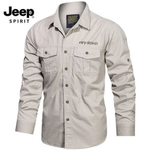 Jeep Tinh Thần Thời Trang Mùa Thu quần áo mùa xuân màu xanh lá đen Hàng Hóa thương hiệu quân đội Áo Sơ Mi Cho Mens Dài Tay Áo Giản Dị Áo Quá Kheo 5XL