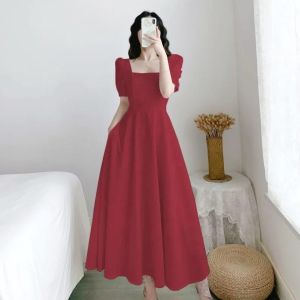 ꕥCatalog Fashionꕥ ชุดเดรสยาวแขนสั้นคอเหลี่ยม ใส่ออกงานได้ มีกระเป๋าข้าง สีพื้น 4 สี