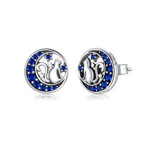 BAMOER Genuine 925 Sterling Silver Cat on the Moon Round Stud Earrings for Women Ear Pins Fine Jewelry New SCE880