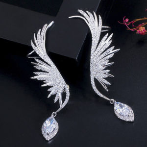 FCSEQUITO Unique Women White Gold Plated Jewelry Micro Paved Tiny AAA Cubic Zirconia Setting Green White Stone Vivid Symmetric Feather Evening Party Long Drop Earrings SE779