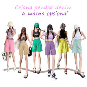 Celana Pendek Lima Titik Denim Warna-Warni Pinggang Tinggi Cocok Untuk Semua Wanita Celana Pendek Kasual Gaya Korea Lurus