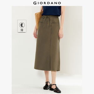 GIORDANO ผู้หญิง กางเกงเอวยางยืดน้ำหนักเบากางเกงครอปกระเป๋าที่กระโปรงผู้หญิงด้านหน้าสีทึบกางเกงลำลองแฟชั่นเรียบง่าย Free Shipping 05424337