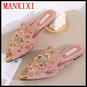 MANXIXI รองเท้าแตะโลฟเฟอร์แฟชั่นสตรีรองเท้าแตะส้นเตี้ยฝังไข่มุกสวยงาม (ขนาด35-41)