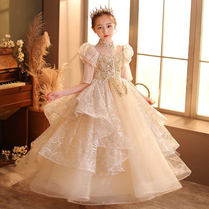 Golden Overall Sequin Princess Gown | Girls dresses, Flower girl dress  lace, Gorgeous girls dresses