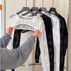 DOOUR Breathable Lace Long Sleeve Tops Solid Color Elastic See Through Tops Fashion Sun Protection Mesh Cropped Tops