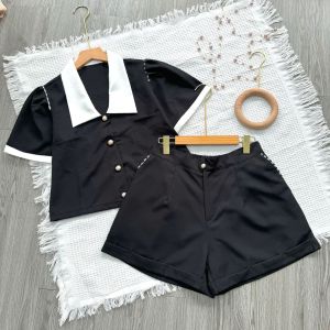 Set bigsize nữ croptop áo cổ vét tay ngắn và quần đùi chất vải cotton lạnh mặc mát 60-95kg - SET1