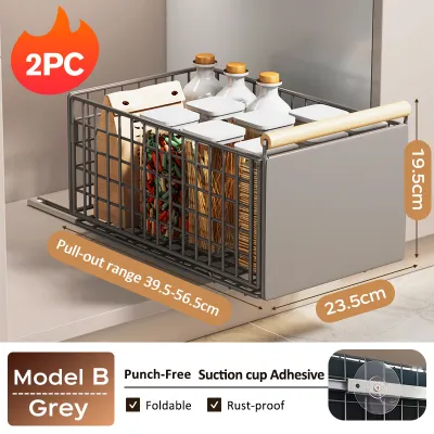 GSlife⭐Storage Rack Under Sink with Bracket⭐Seasoning Pull Out Basket Tray Organizer With Guid