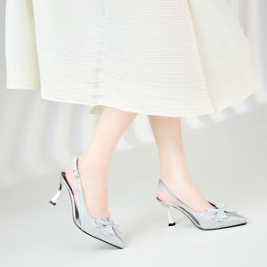 Giày Cao Gót MWC 4444 - Cao Gót Nữ Da Ánh Nhũ Mũi Nhọn Đính Nơ Thanh Lịch