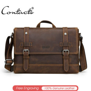 CONTACTS Genuine Leather Men Messenger Bag Vintage Shoulder Bag for Laptop Male Bolsa Crossbody Handbag