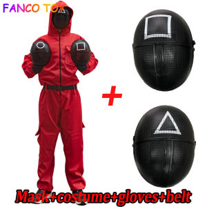 Bộ Mặt Nạ Trang Phục Trò Chơi Mực Màu Đỏ Bộ Đồ Liền Thân Hóa Trang Mặt Nạ Mũ Bảo Hiểm Bằng Nhựa Hình Tam Giác Tròn Sáu Hình Vuông Trang Phục Tiệc Halloween