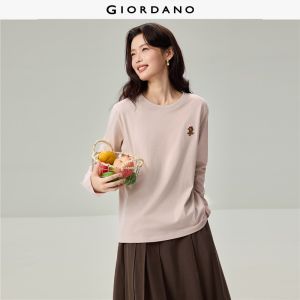 Giordano Beau Monde Women 100% cotton cat embroidery long sleeve tee Free Shipping 13326789