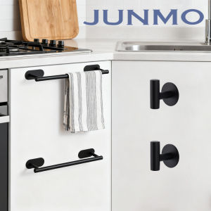 JUNMO 304 Stainless Steel Bathroom No-Drill Towel Rack Wall-Mounted Toilet Paper Holder Set
